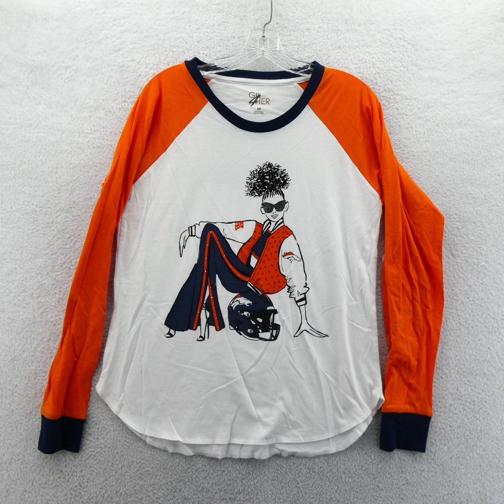 GIII 4Her Shirt Womens Medium Denver Broncos Orange White Raglan Long Sleeve Top